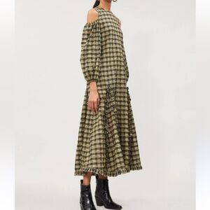 Ganni Plaid Cold Shoulder Long-Sleeve Maxi Dress